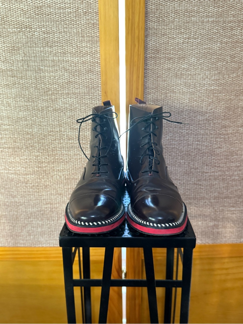 Louboutin Men's Brown Leather Lace-Up Boots with Red Accent Sole